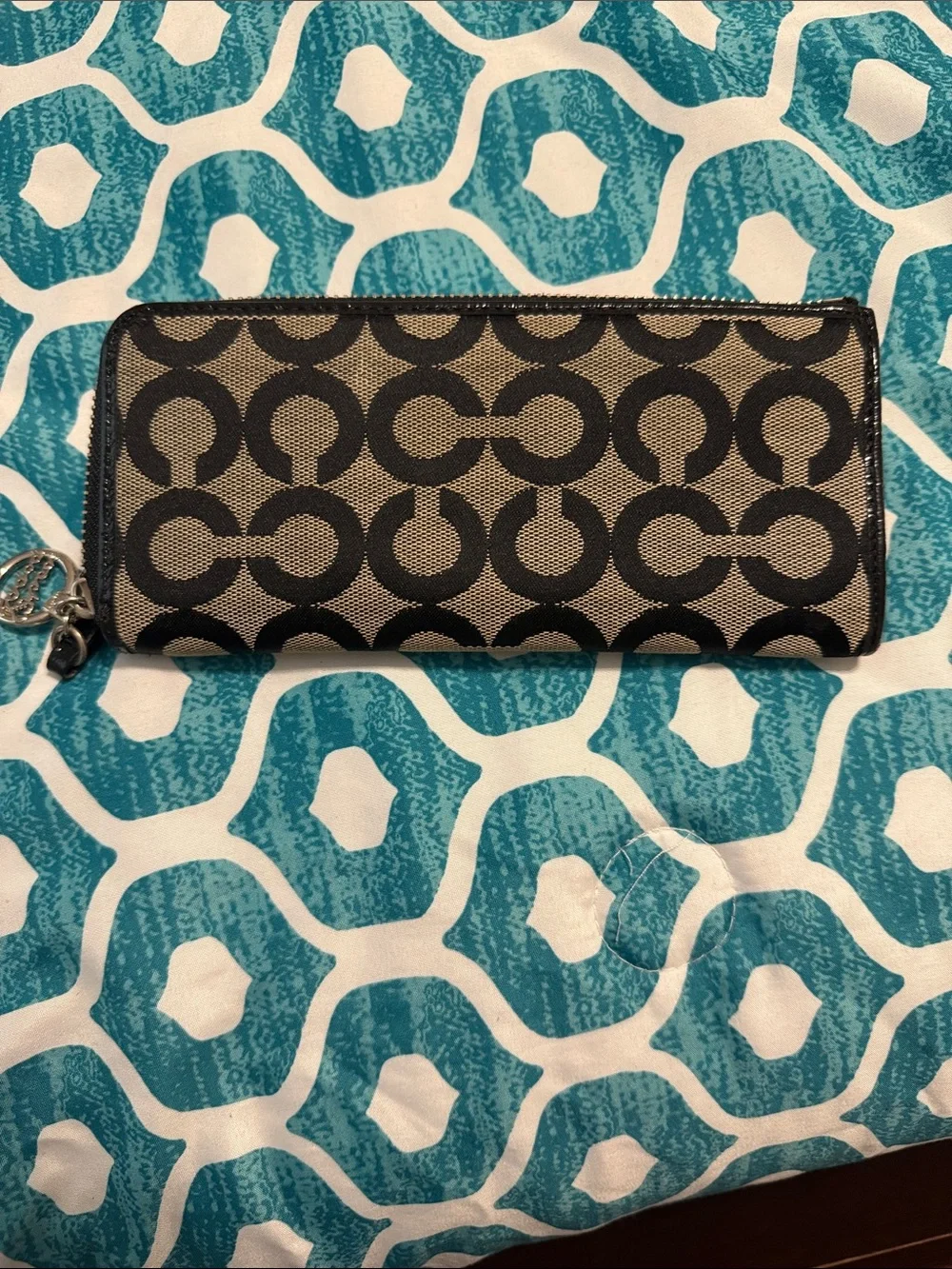 Coach Black & Tan Signature Canvas Zip Wallet with Metallic Heart Appliqué